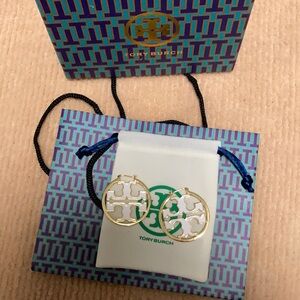 Tory Burch Gold Double-T Logo Hoop Earrings with white EnMel Accent